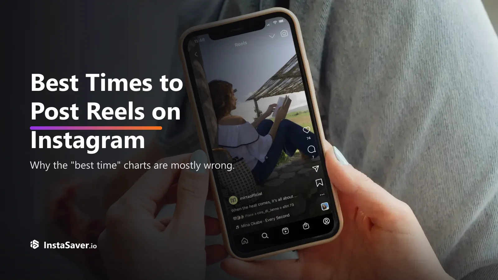 Hands holding a phone playing an Instagram Reel outdoors