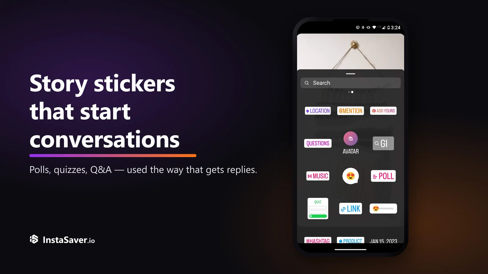 A phone showing the Instagram Story sticker tray with poll, quiz, and question stickers