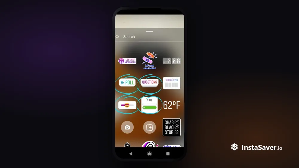 Instagram Story sticker tray with poll, questions, quiz, and emoji slider stickers highlighted