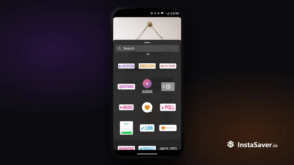 The full Instagram Story sticker tray showing location, mention, music, poll, quiz, link and more