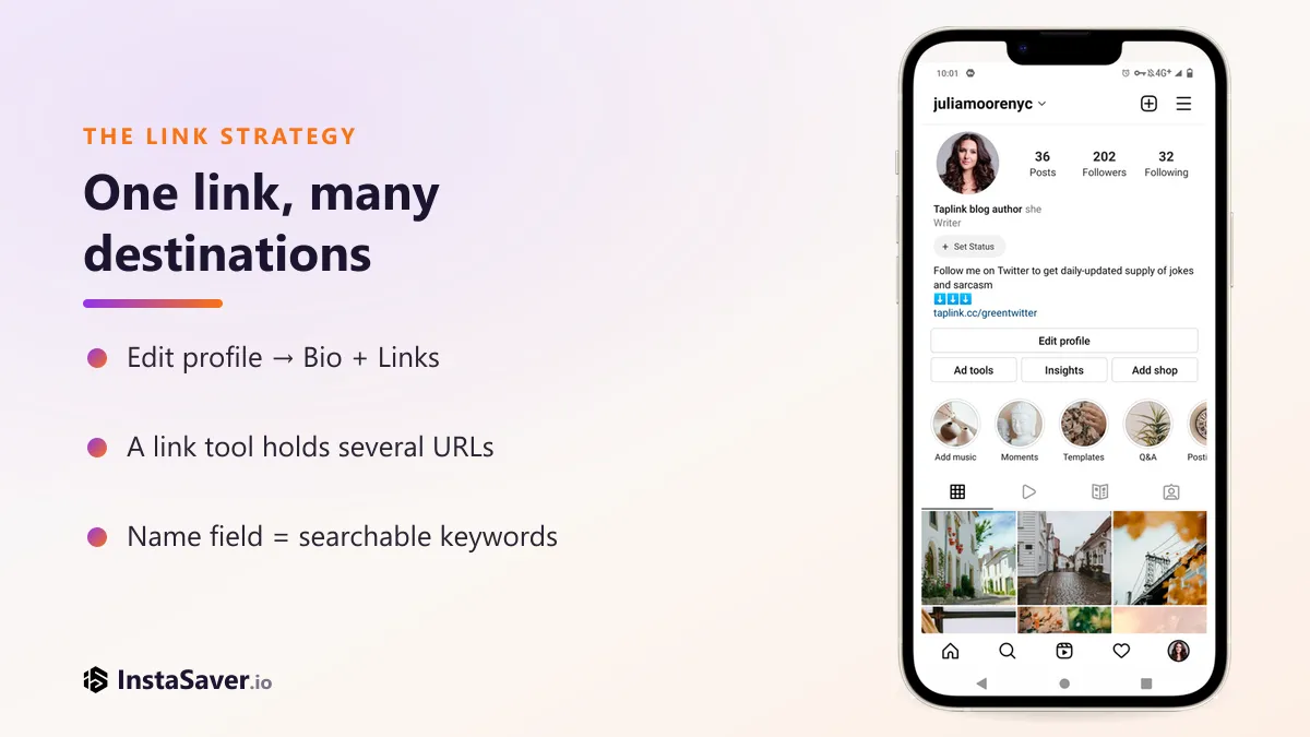 The Instagram Edit profile view, showing where to set the bio and links, next to a bio that uses a single link-in-bio tool