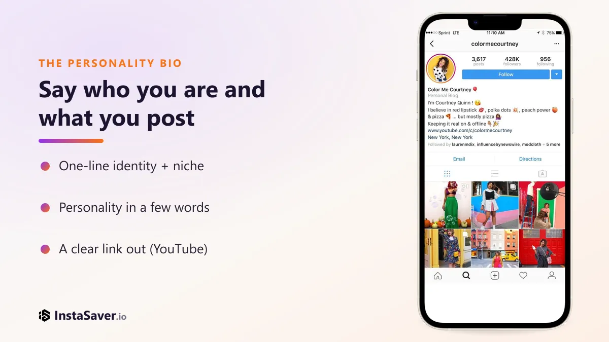 A creator's Instagram bio that leads with personality: a one-line identity, a few words of character, and a link out to YouTube