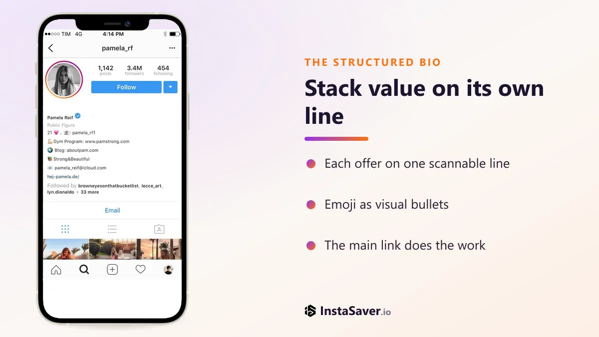 A public-figure Instagram bio structured into short lines, each offer on its own line with an emoji as a visual bullet