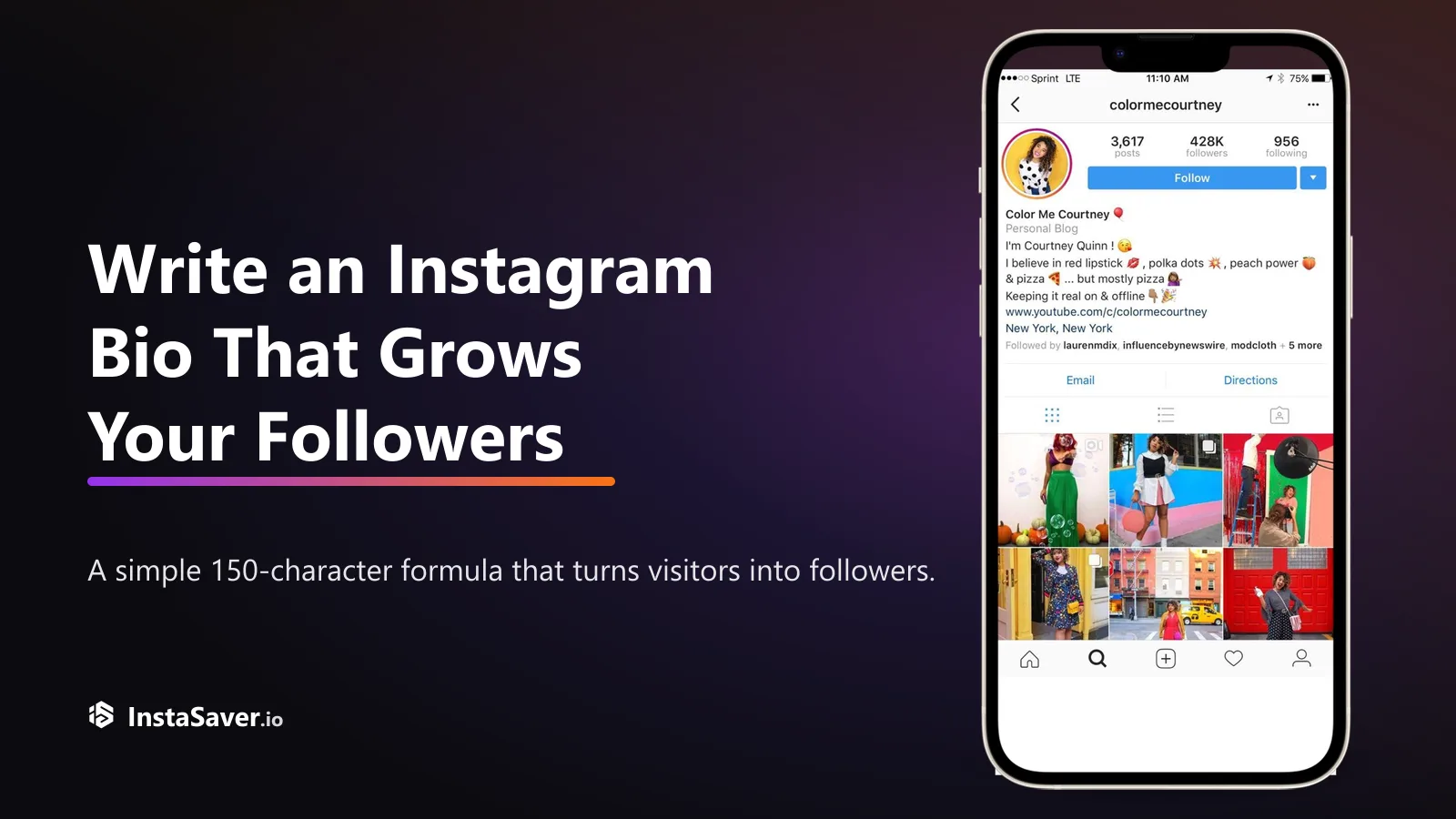 An Instagram profile shown on a phone, with the bio section highlighted