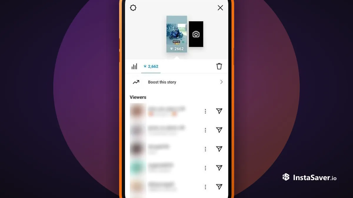 The Instagram story analytics view showing the total view count, Boost this story, and the Viewers list (usernames blurred)