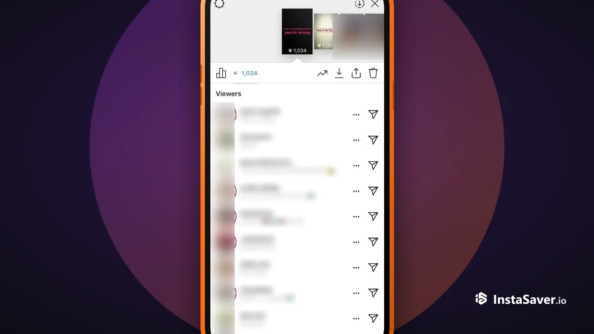 The Instagram story viewer list showing the total view count and a list of viewer accounts (usernames blurred)