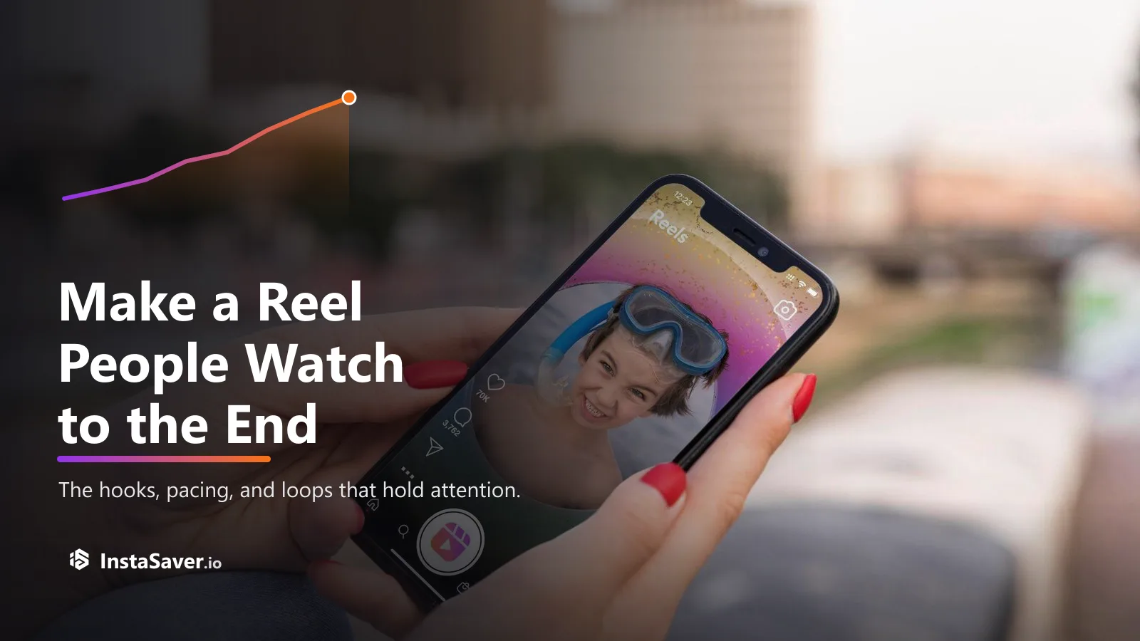 A hand holding a phone playing an Instagram Reel, with a rising watch-time line